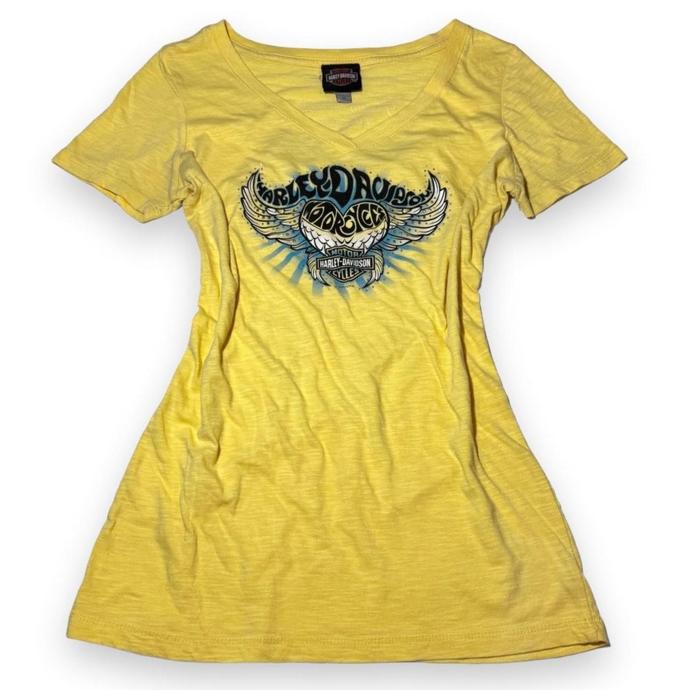 Y2K style 2013 Harley Davidson yellow rhinestone graphic baby tee with V-neck